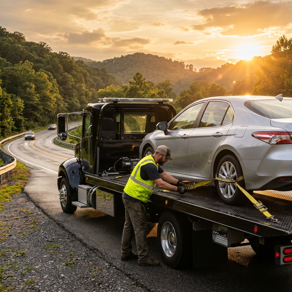 Flatbed carrying passenger car with driver in hi-vis vest